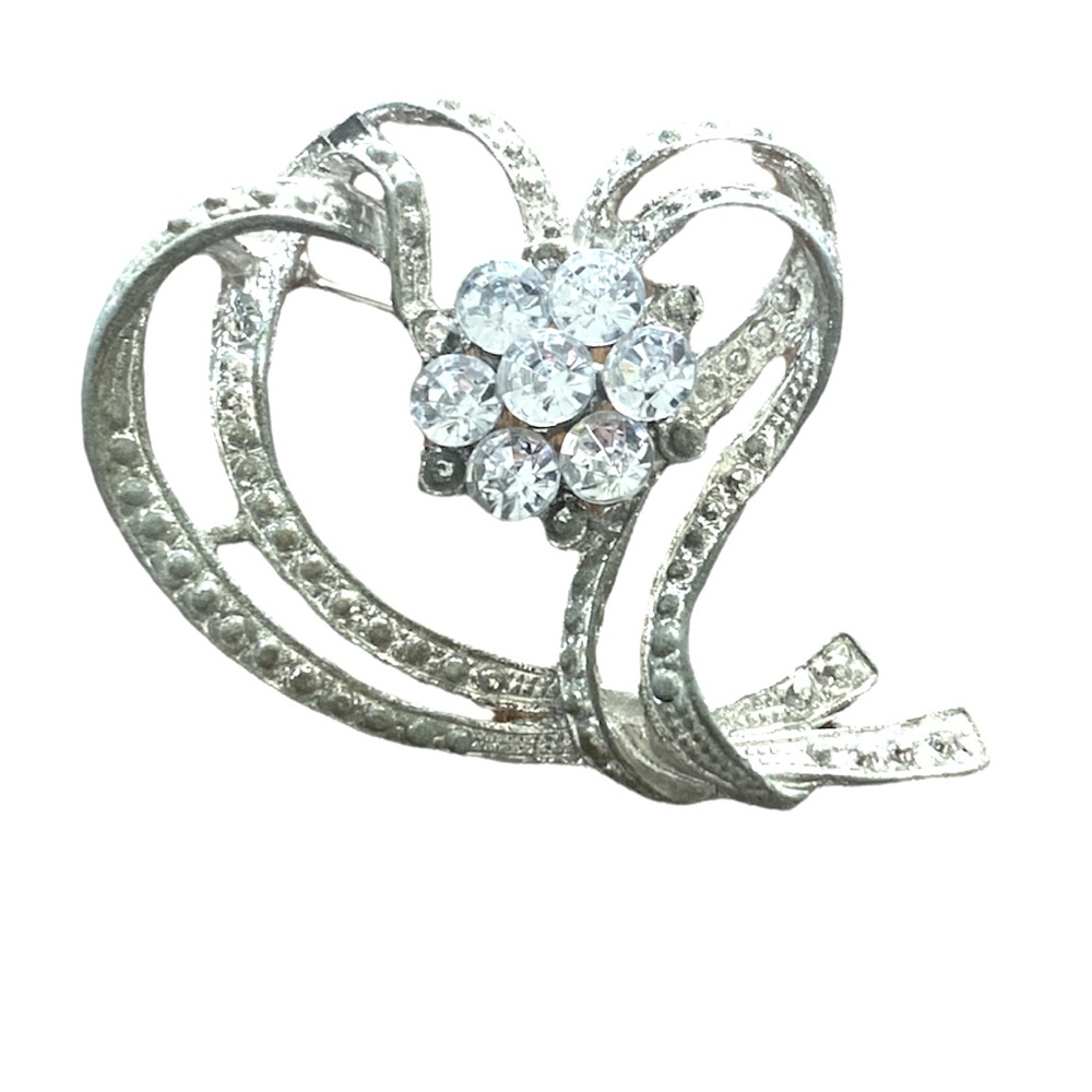 Vintage Silver Toned Heart Flower Rhinestone Brooch Pin